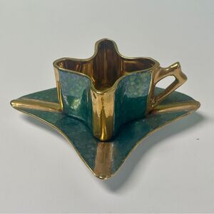 Vintage Portuguese Espresso Cup & Saucer – Gold & Teal Hand Painted